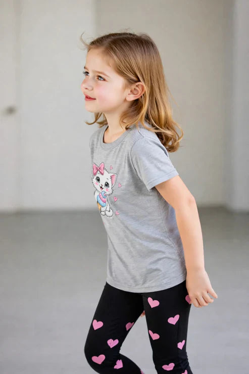Grey Cute Cat printed T.shirt with black hearts printed pajama kids night suit