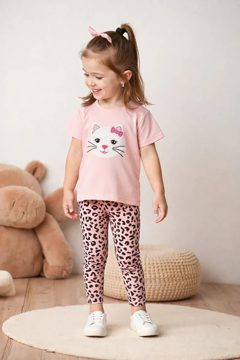 Baby pink kitty with bow printed T shirt with pink cheetha printed pajama kids Suit