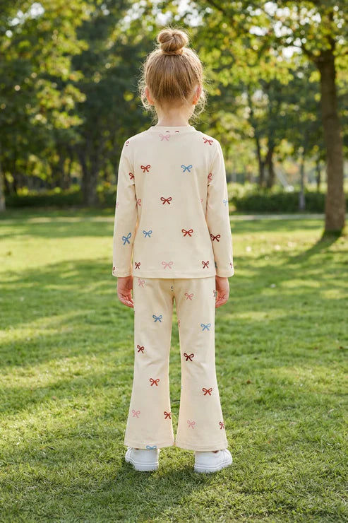 Off white multi color Bow Printed full sleeves kids night suit