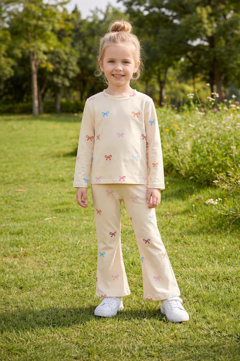 Off white multi color Bow Printed full sleeves kids night suit