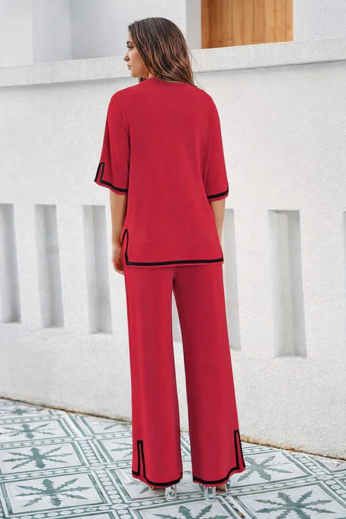 Red plain round neck with quarter cut sleeves black pipen night suit