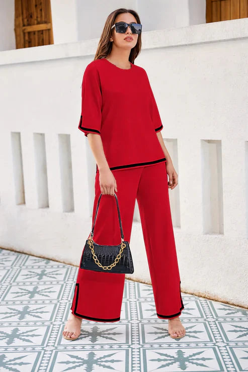 Red plain round neck with quarter cut sleeves black pipen night suit