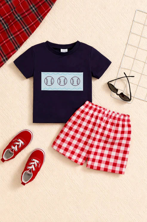 Navy blue 3 Baseball printed half sleeves with shorts kids suit