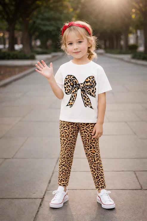 Off white half sleeves Cheeta BOW printed t shirt with cheeta pajama kids suit