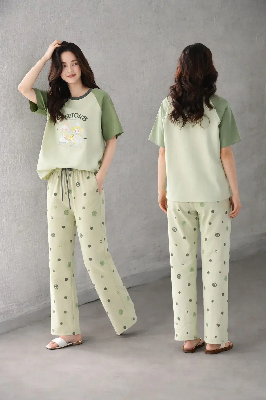 Olive green Carious Printed Night Suit For Her