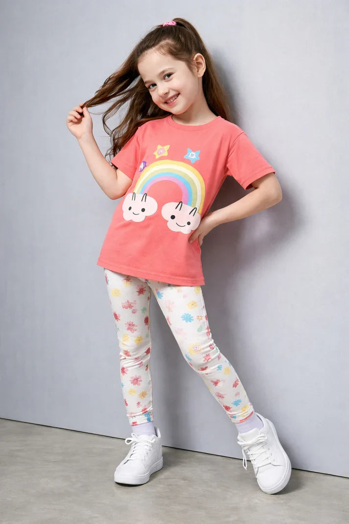 Peach Rainbow printed half sleeves t shirt with printed pjs kids suit