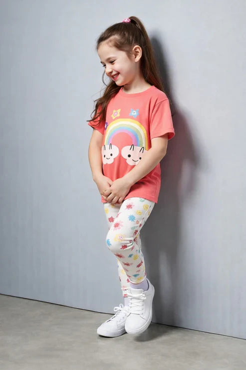 Peach Rainbow printed half sleeves t shirt with printed pjs kids suit