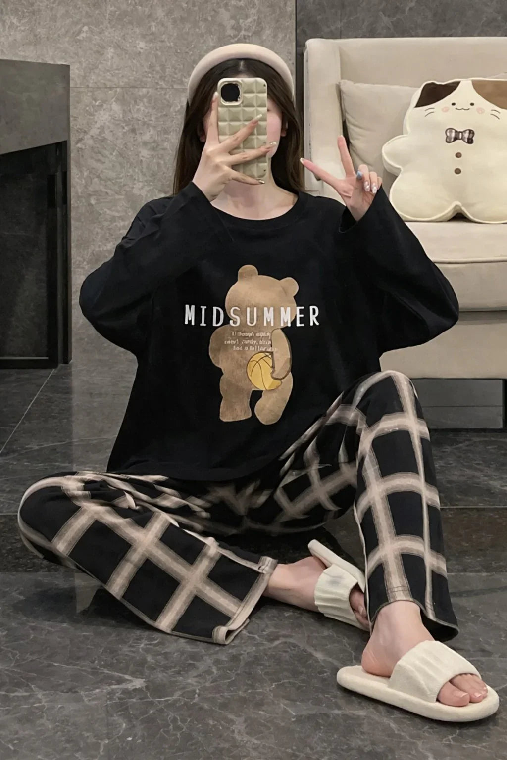 Black Mid Summers Bear Printed with Checkered trouser Night suit