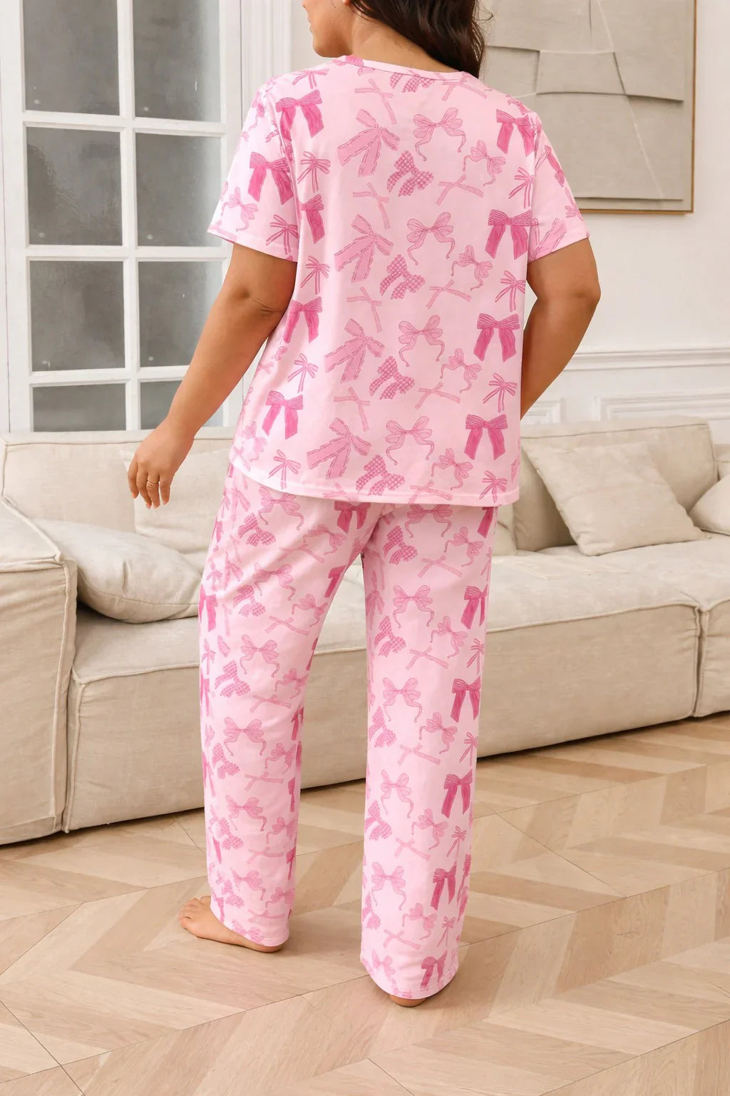 Pink All over Bow Half Sleeves Printed Night suit For her