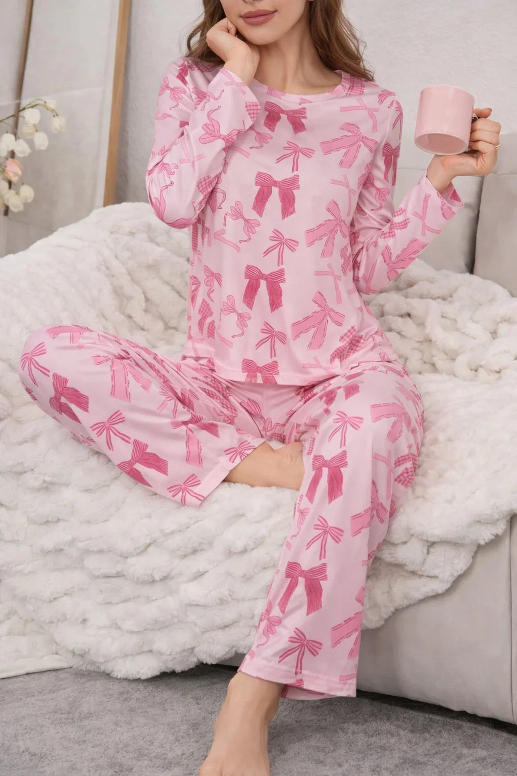 Pink All over Bow Full Sleeves Printed Night suit For her