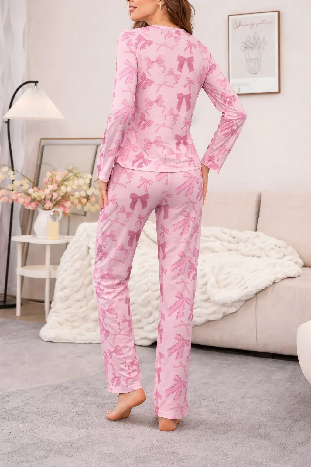 Pink All over Bow Full Sleeves Printed Night suit For her