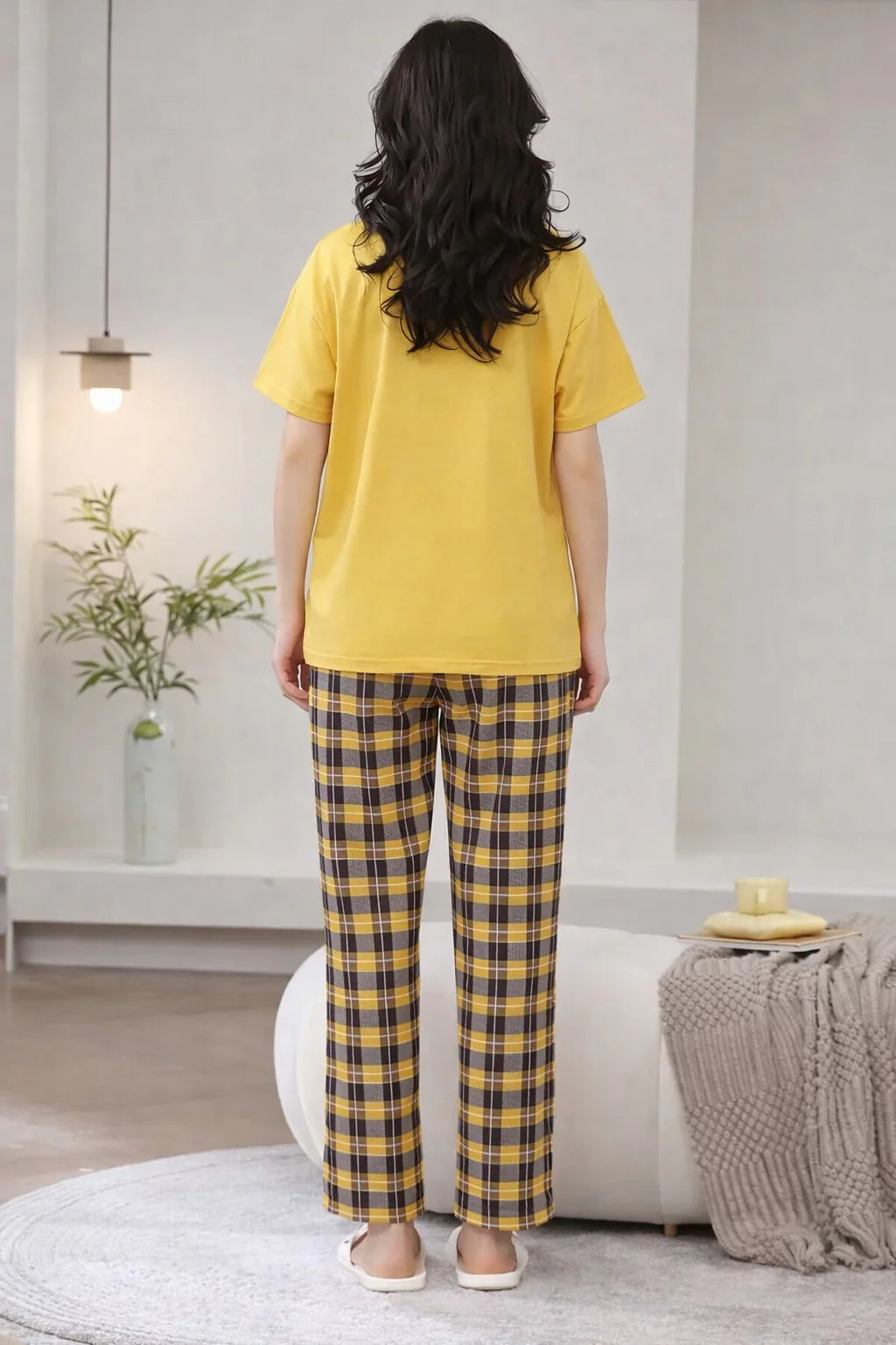 Yellow Cute Duck Printed half sleeves t shirt with check pajama