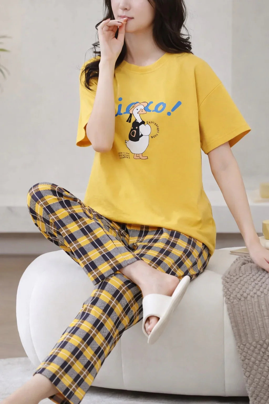 Yellow Cute Duck Printed half sleeves t shirt with check pajama