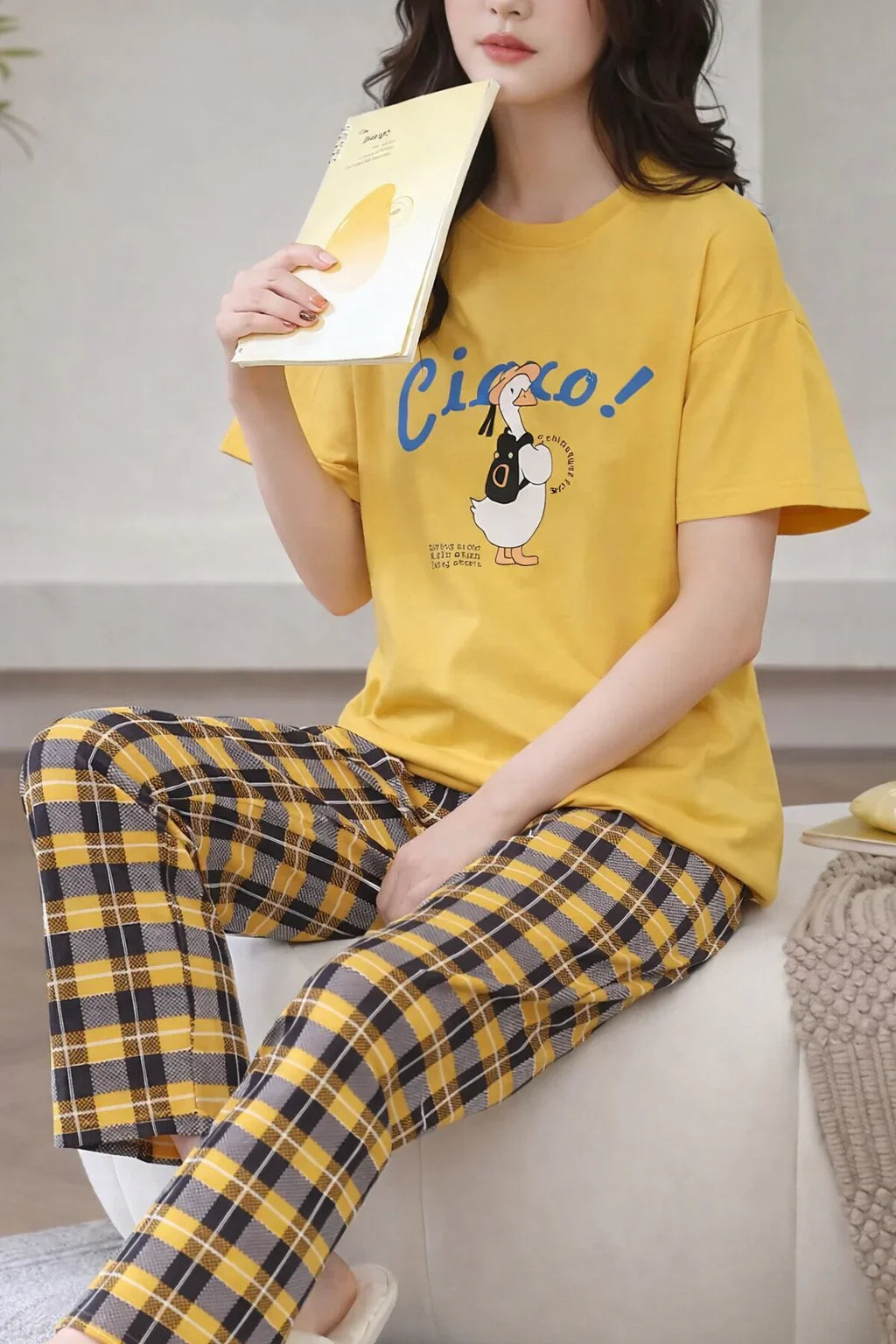 Yellow Cute Duck Printed half sleeves t shirt with check pajama