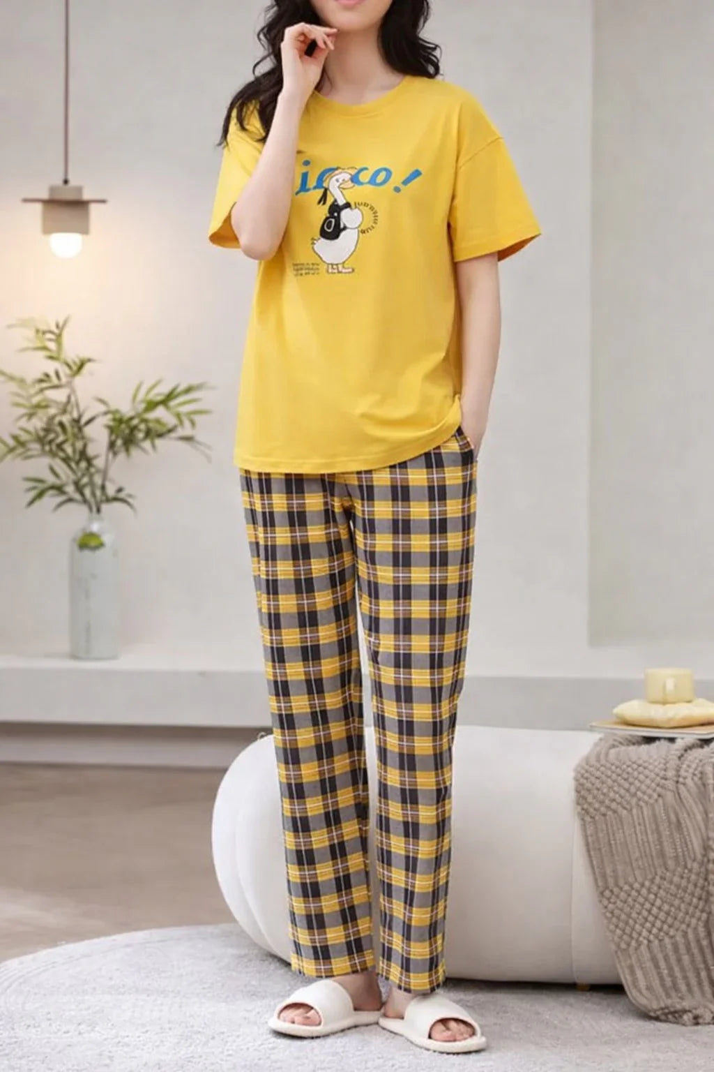 Yellow Cute Duck Printed half sleeves t shirt with check pajama