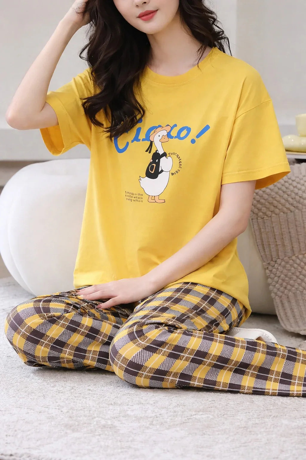 Yellow Cute Duck Printed half sleeves t shirt with check pajama