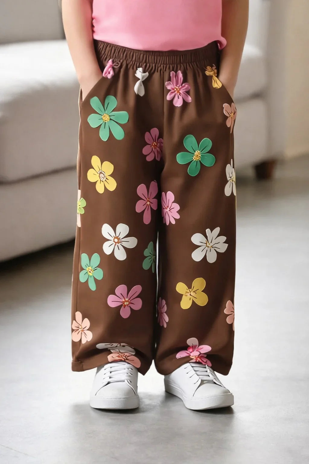 Pink Multicolour Big Flower T shirt with Brown Flowers