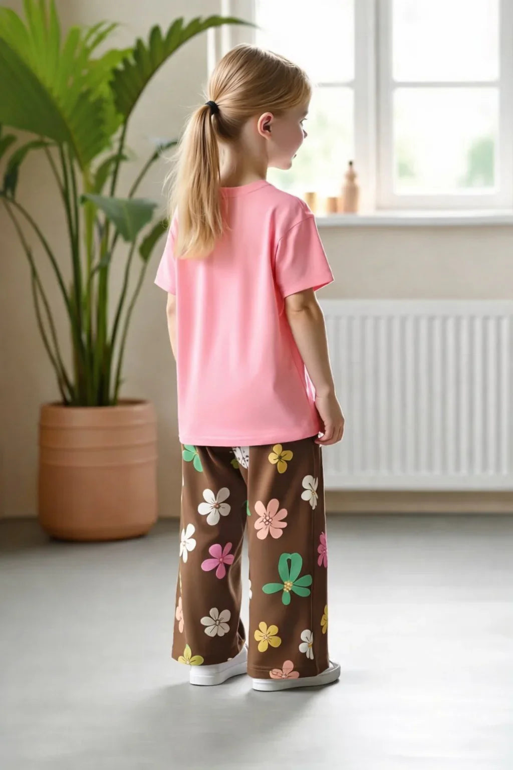 Pink Multicolour Big Flower T shirt with Brown Flowers