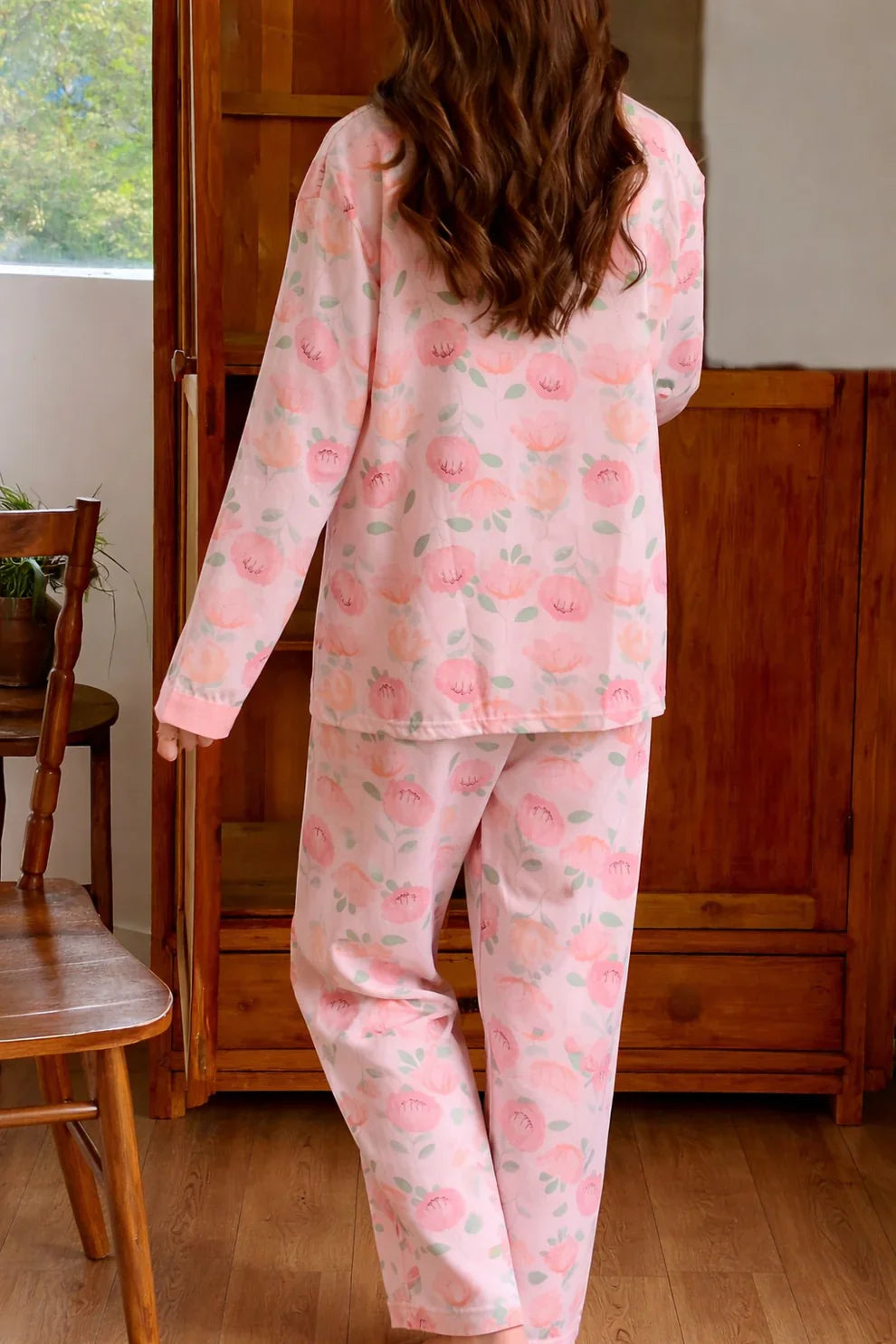 Pink  All Over Roses V-Neck Button Printed Pj Set For Her