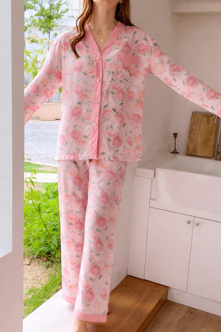 Pink  All Over Roses V-Neck Button Printed Pj Set For Her