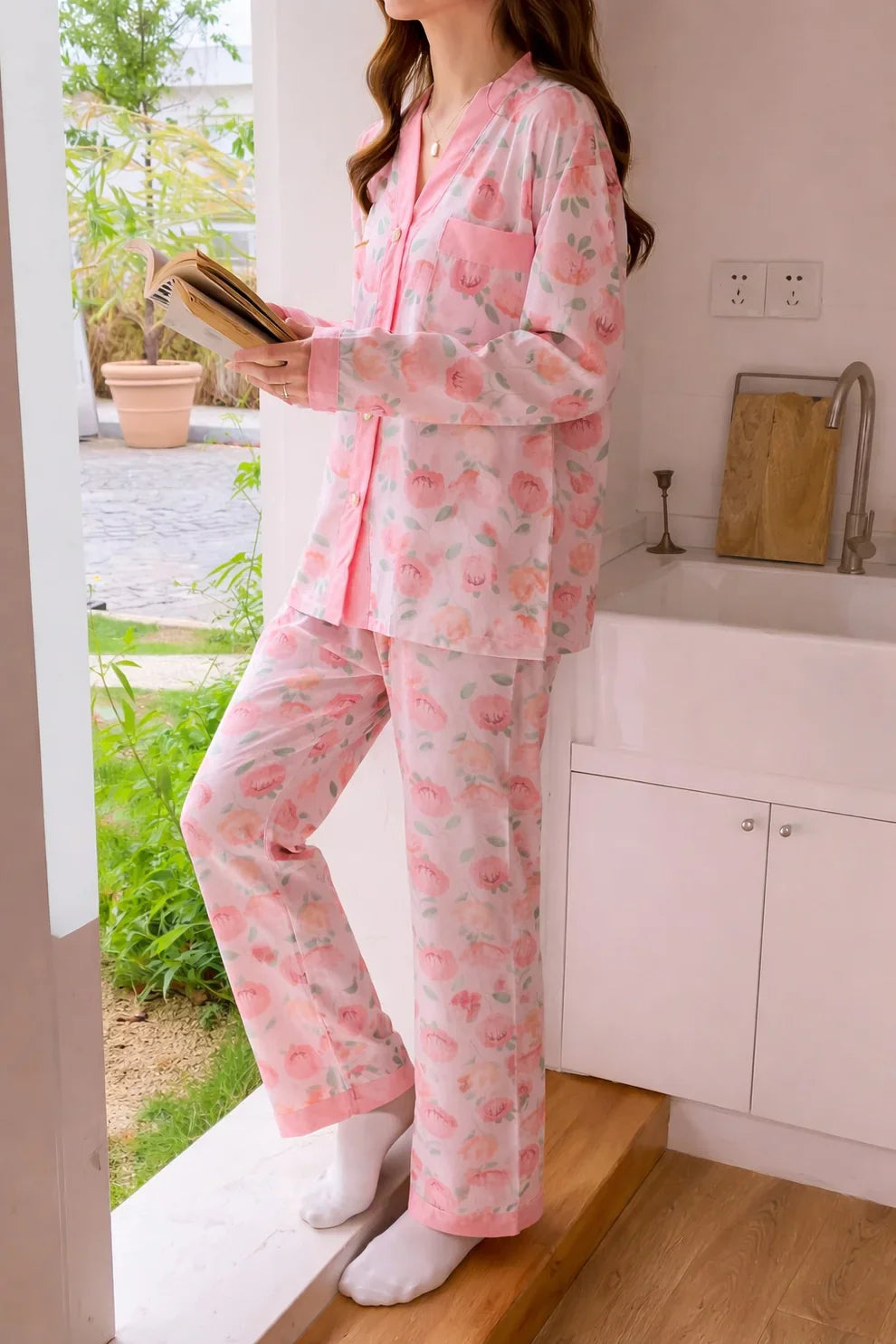 Pink  All Over Roses V-Neck Button Printed Pj Set For Her