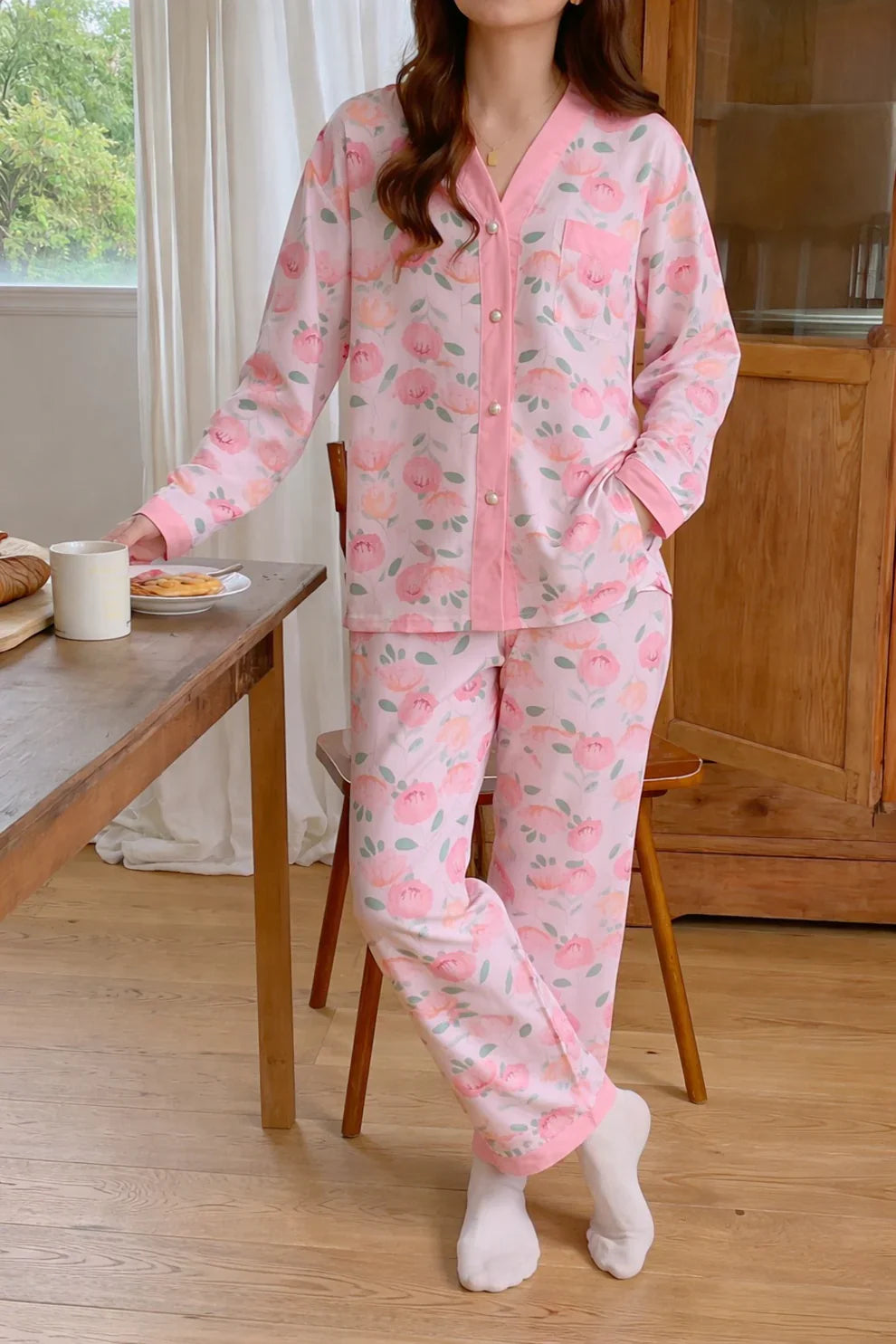 Pink  All Over Roses V-Neck Button Printed Pj Set For Her