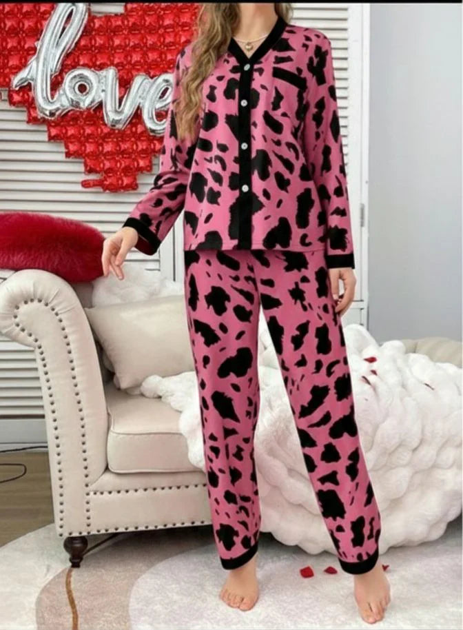 Shocking Pink with Black Cheetah V-Neck Button Printed Pj Set For Her