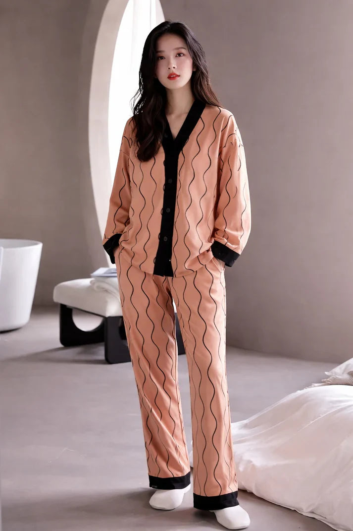 Orange with Black Linning V-Neck Button Printed Pj Set For Her
