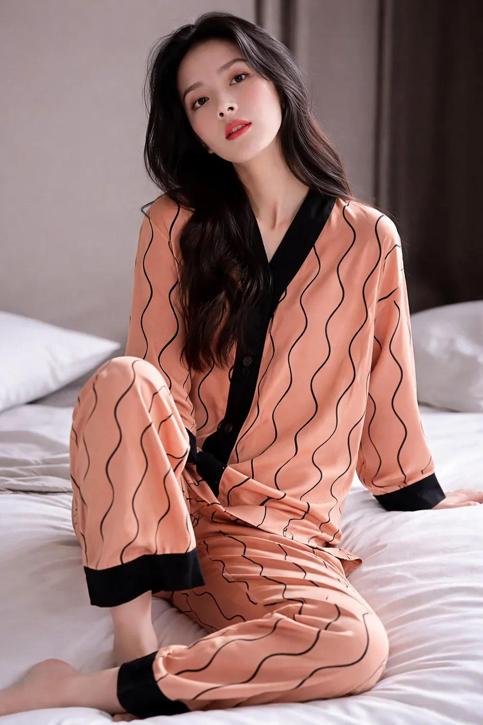 Orange with Black Linning V-Neck Button Printed Pj Set For Her