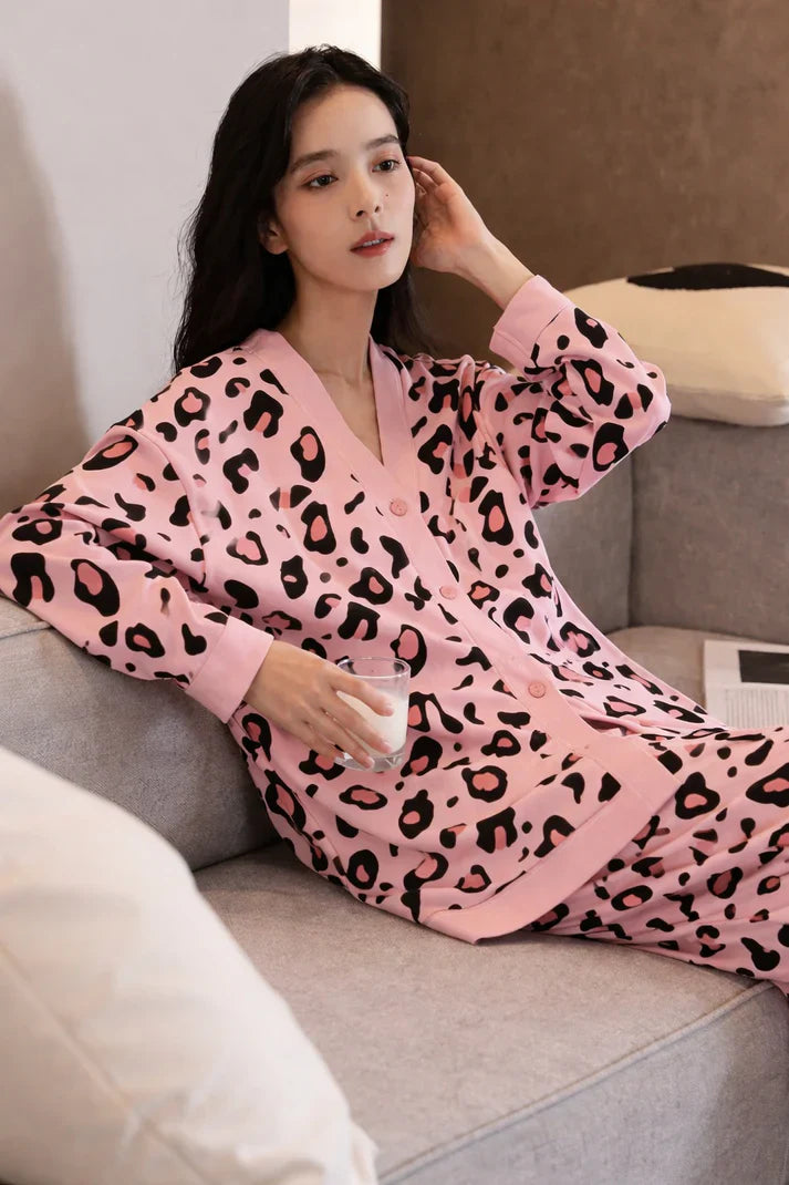 Baby Pink with Cheetah V-Neck Button Printed Pj Set For Her