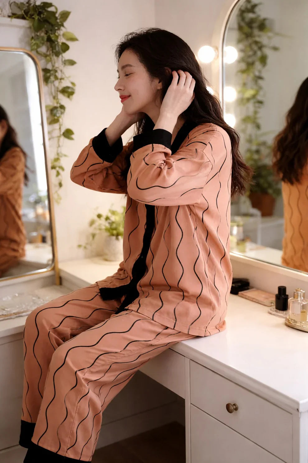 Orange with Black Linning V-Neck Button Printed Pj Set For Her