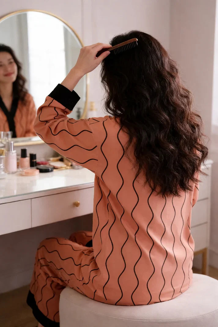 Orange with Black Linning V-Neck Button Printed Pj Set For Her