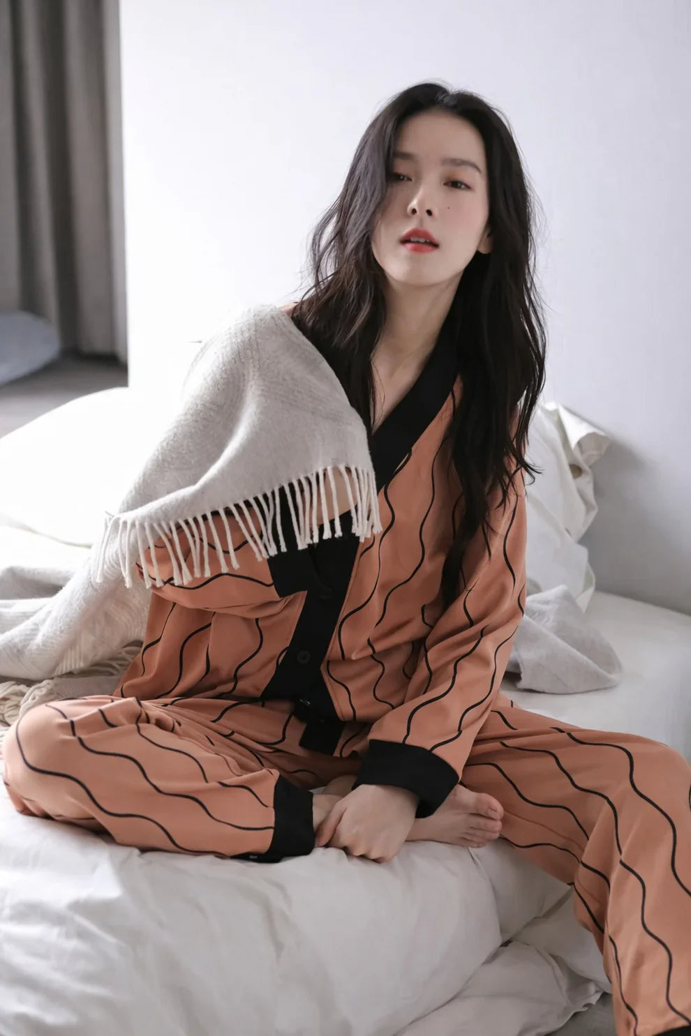 Orange with Black Linning V-Neck Button Printed Pj Set For Her