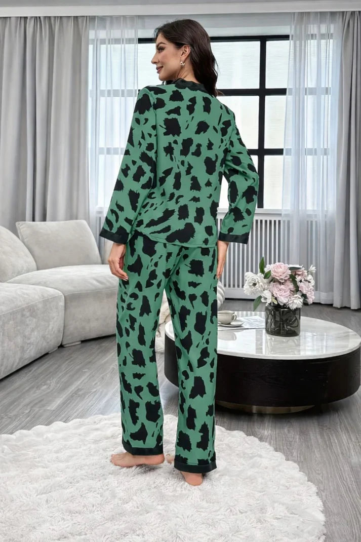 Green with Cheetah V-Neck Button Printed Pj Set For Her