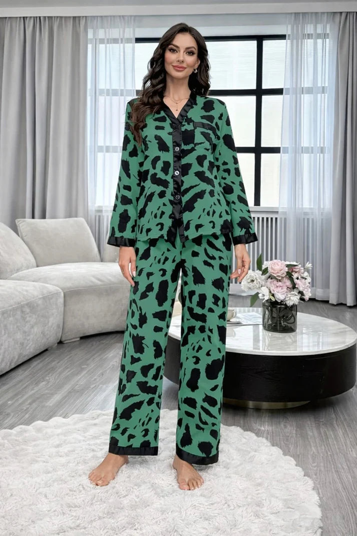 Green with Cheetah V-Neck Button Printed Pj Set For Her