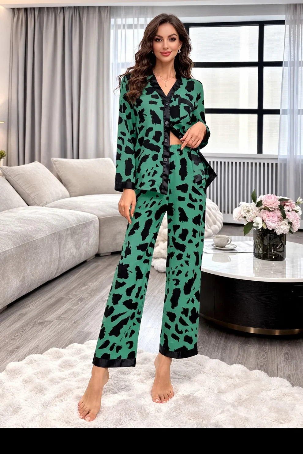 Green with Cheetah V-Neck Button Printed Pj Set For Her