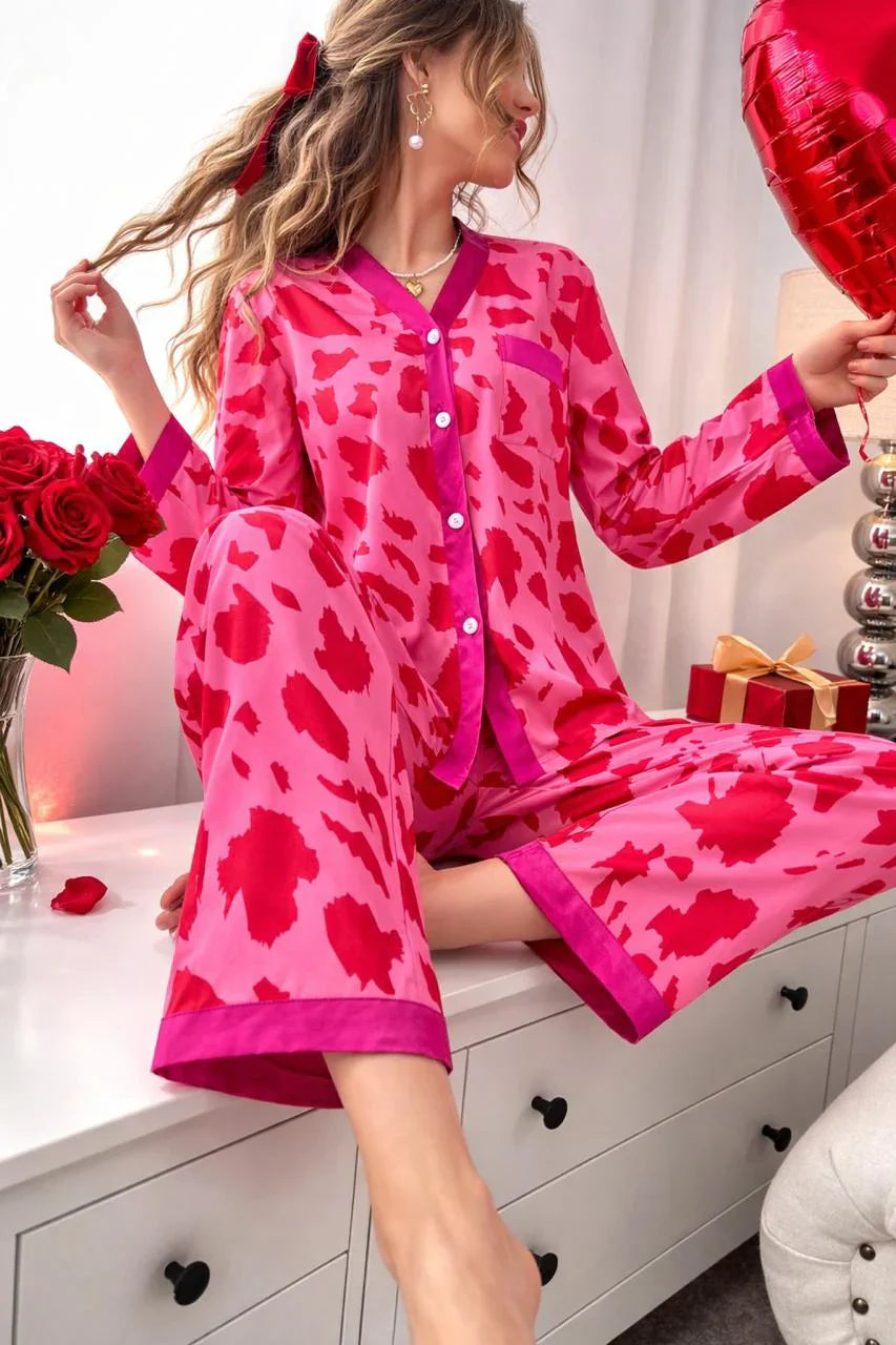 Pink with Shocking Pink V-Neck Button Printed Pj Set For Her
