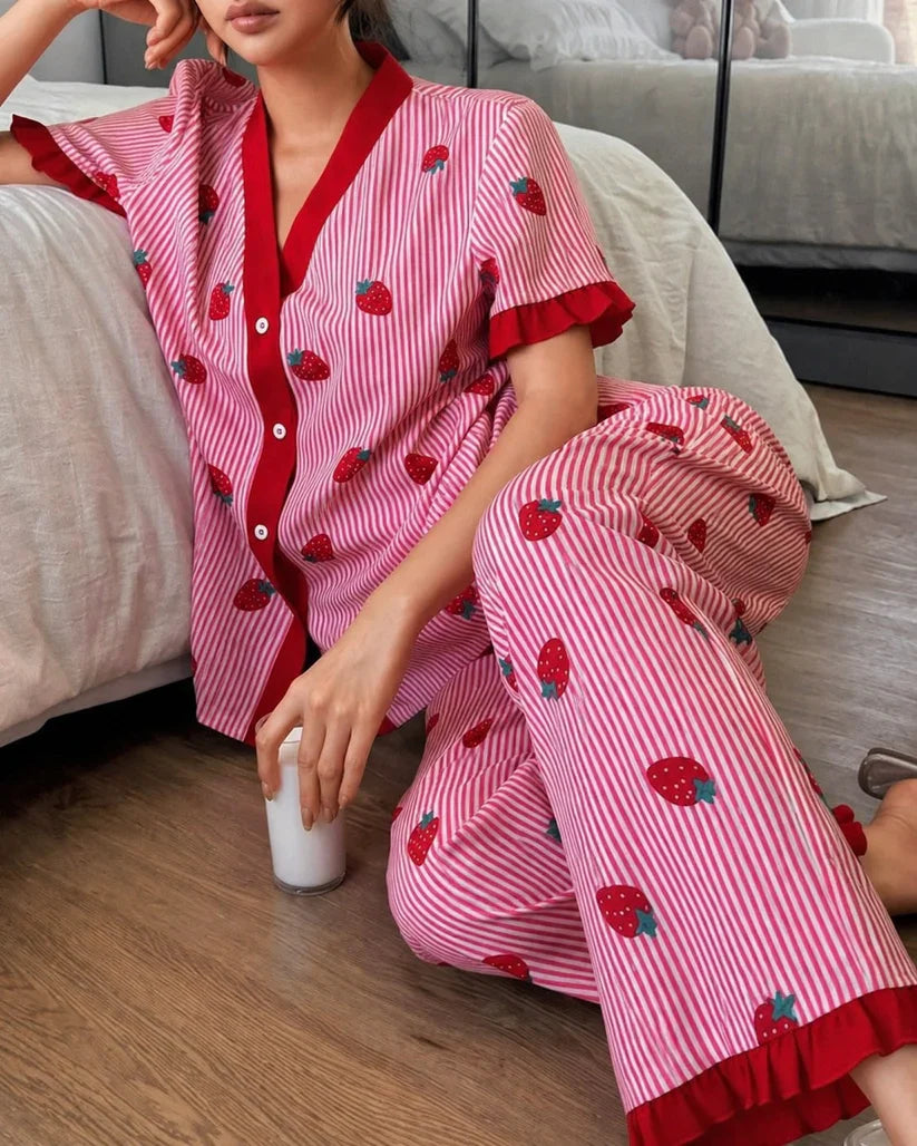 Pink Strawberries with Lining Printed Half Sleeves V-Neck Button PJ Set For Her