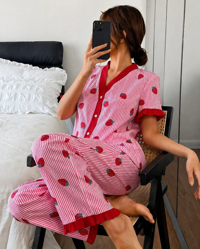Pink Strawberries with Lining Printed Half Sleeves V-Neck Button PJ Set For Her