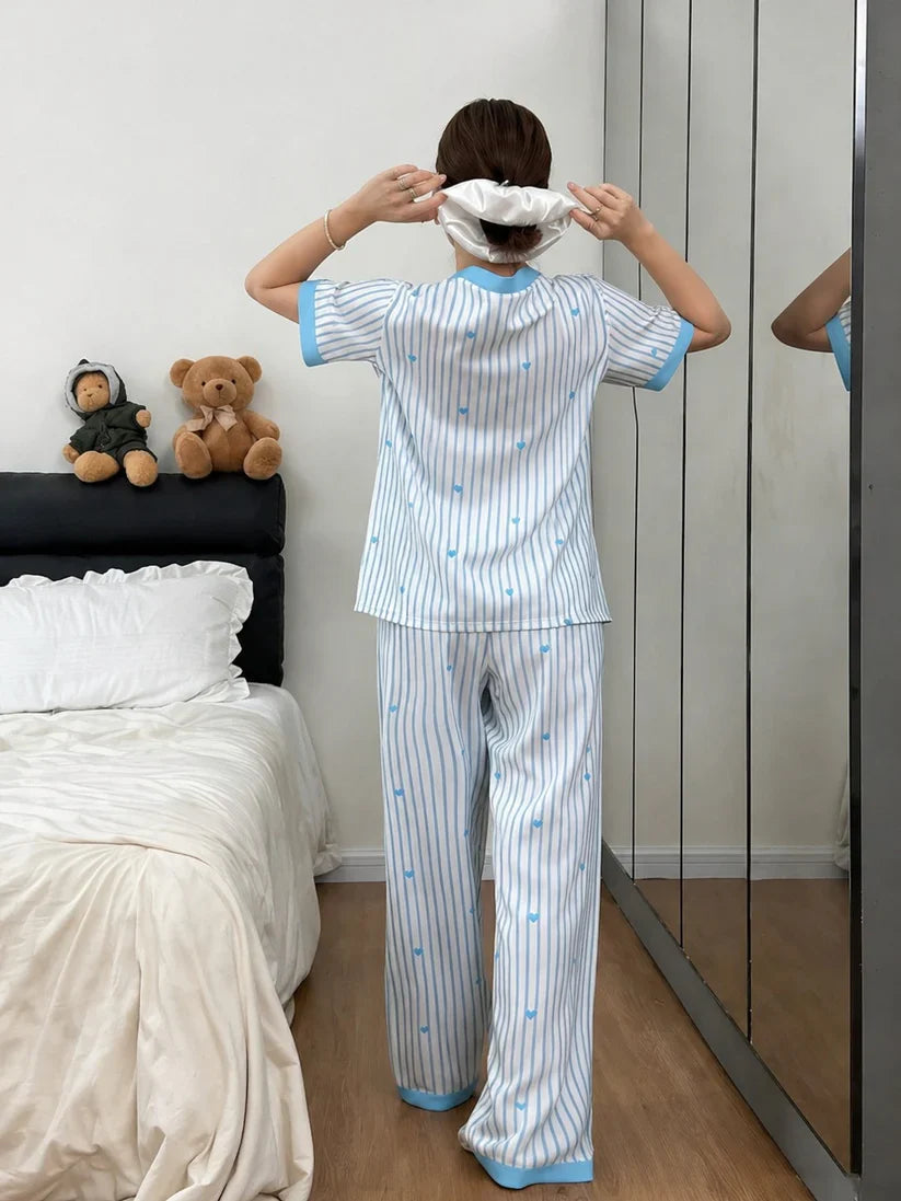 Sky Blue All Over Hearts with Lining Printed Half Sleeves V-Neck Button PJ Set For Her