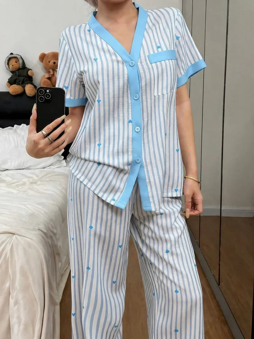 Sky Blue All Over Hearts with Lining Printed Half Sleeves V-Neck Button PJ Set For Her