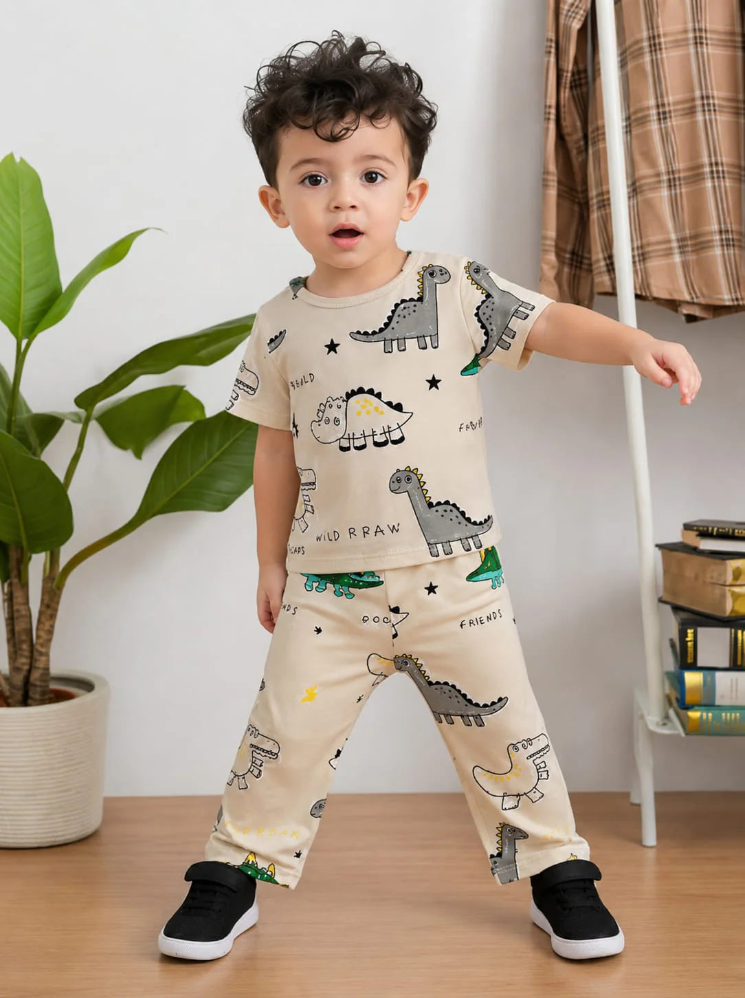 Off White All Over Dino Printed Kids Suit