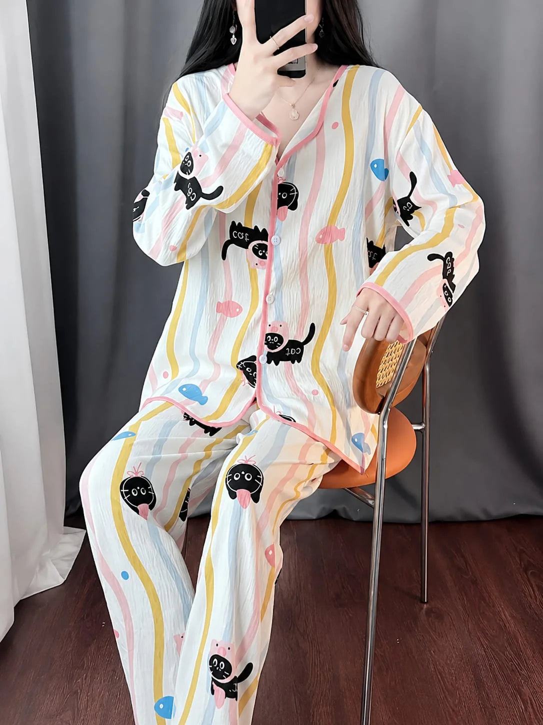 Off White All Over Kitty Printed Button Style Night Suit For Her