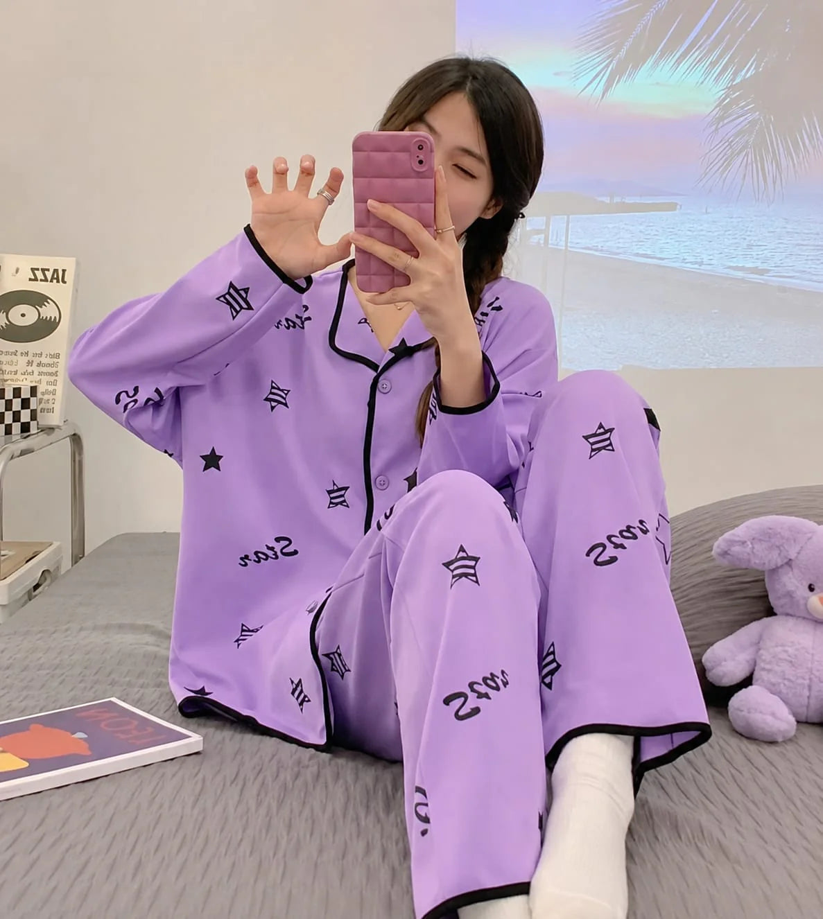 Purple All over Stars Printed Button Style Night Suit