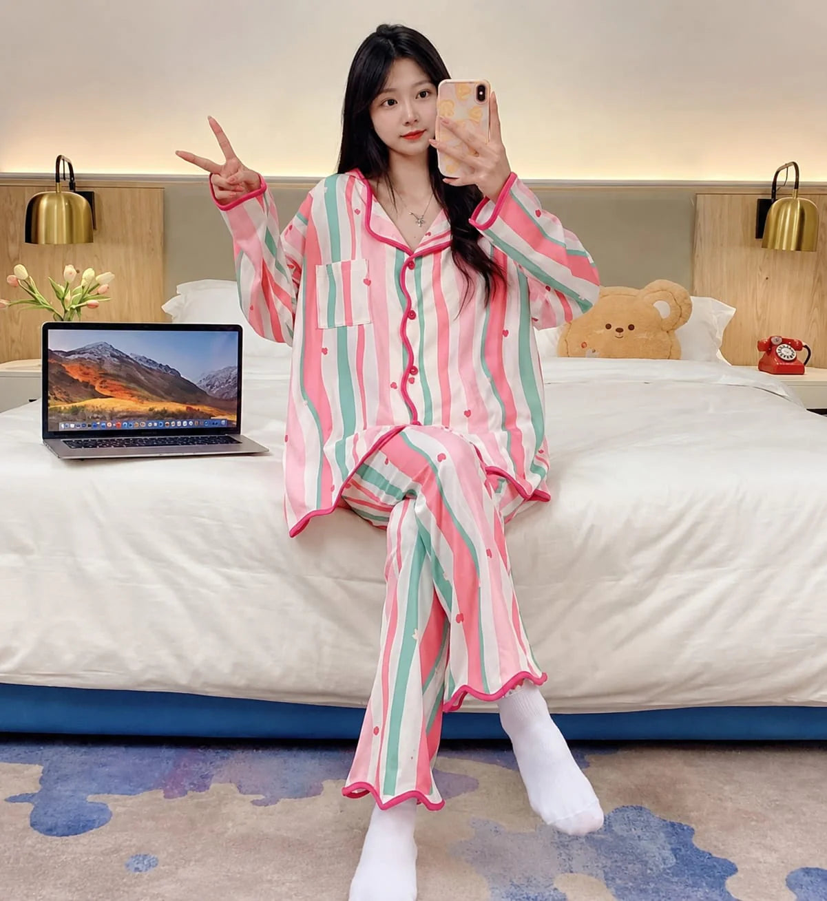 Off White Multi Colour Lining Stars Printed Button Style Night Suit For Her