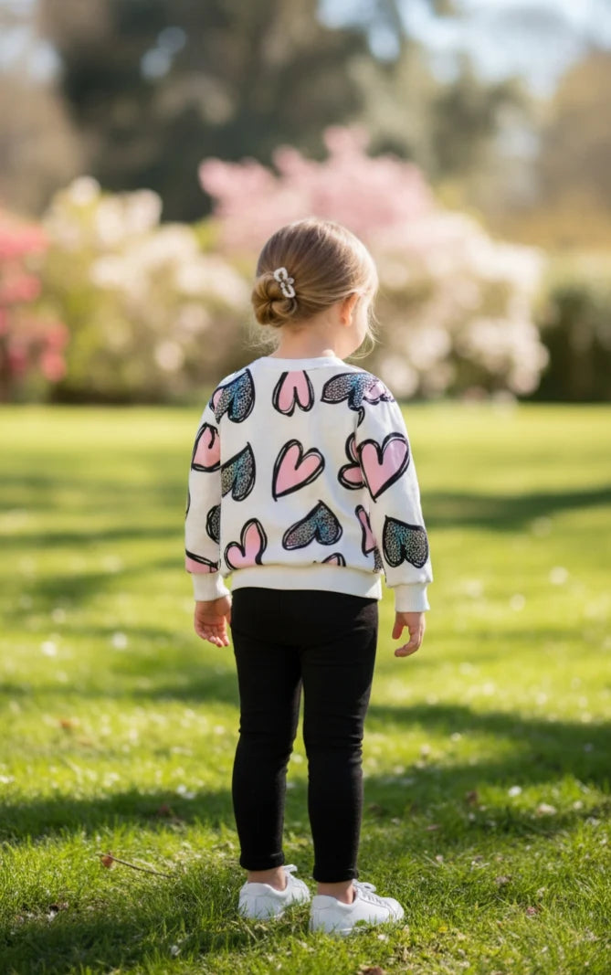 A young girl seen from behind in a sunny park, wearing a white crewneck sweatshirt with a pink and black heart pattern, black leggings, and white sneakers.