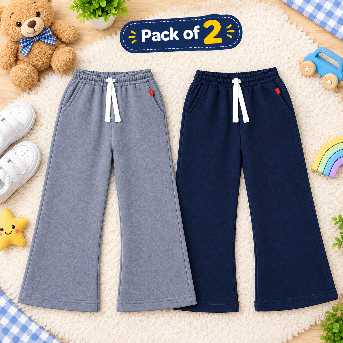 Two pairs of wide-leg children's sweatpants laid flat on a cream rug: one light gray and one navy blue. A blue badge at the top reads 'Pack of 2'.