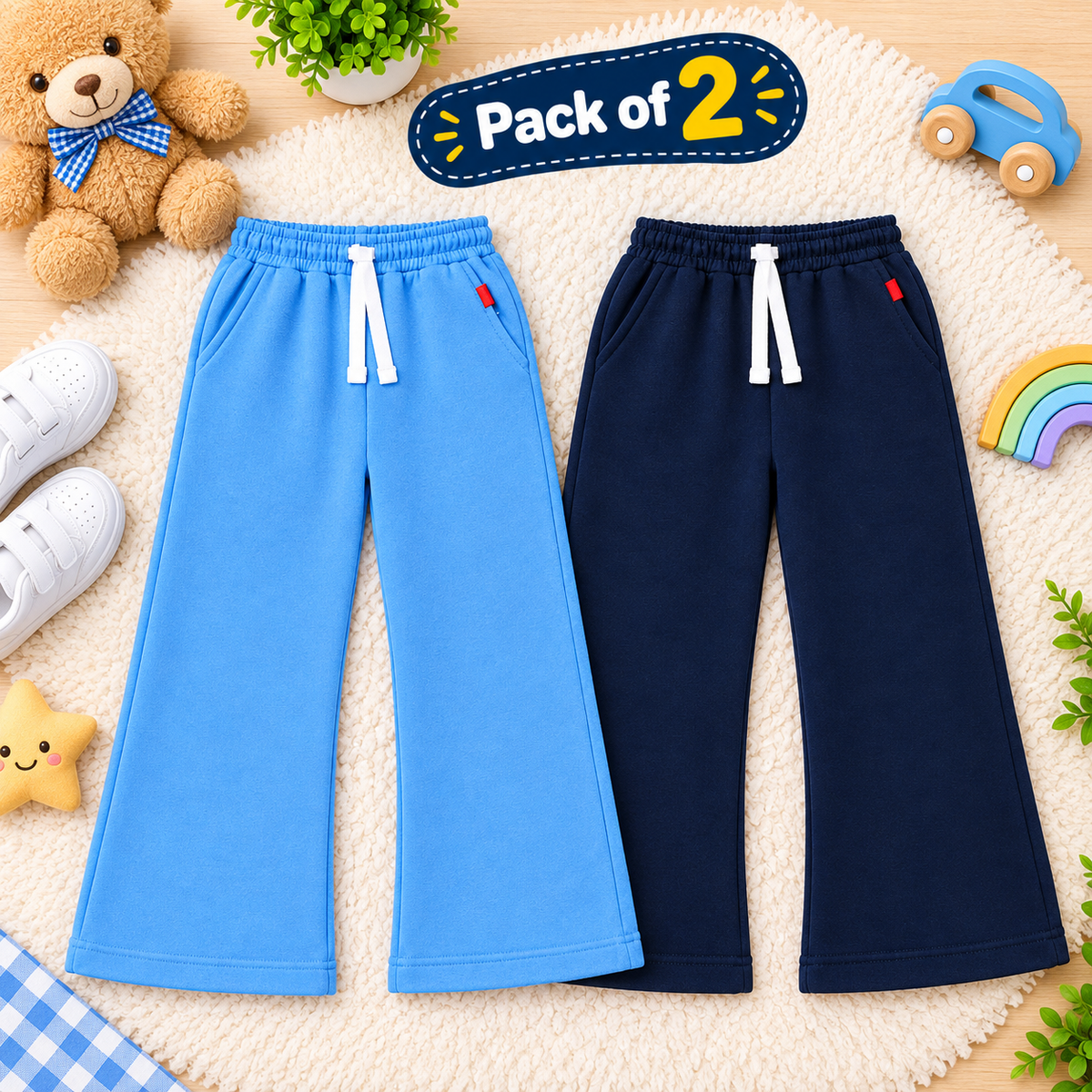 Two pairs of children's wide-leg sweatpants laid flat on a cream rug: one light blue and one dark navy, both with white drawstrings and small red side accents. A 'Pack of 2' badge appears above, with toys and decor around the edges including a teddy bear, shoes, a rainbow, and a plant.
