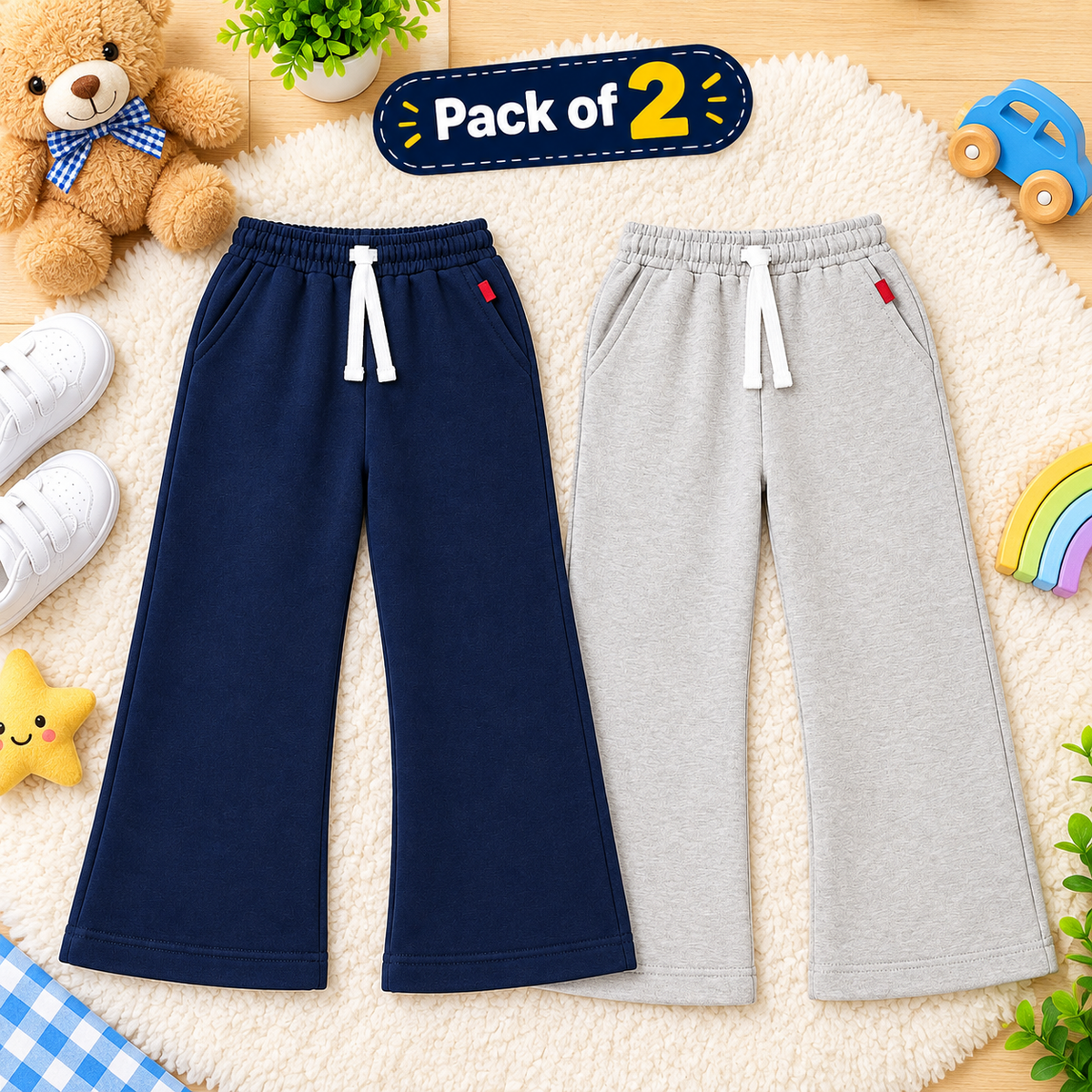 Two pairs of wide-leg children's sweatpants laid flat on a cream rug: one navy blue and one light gray, both with white drawstrings and small red side tab accents. A 'Pack of 2' badge appears above, with toys and a teddy bear around the product.
