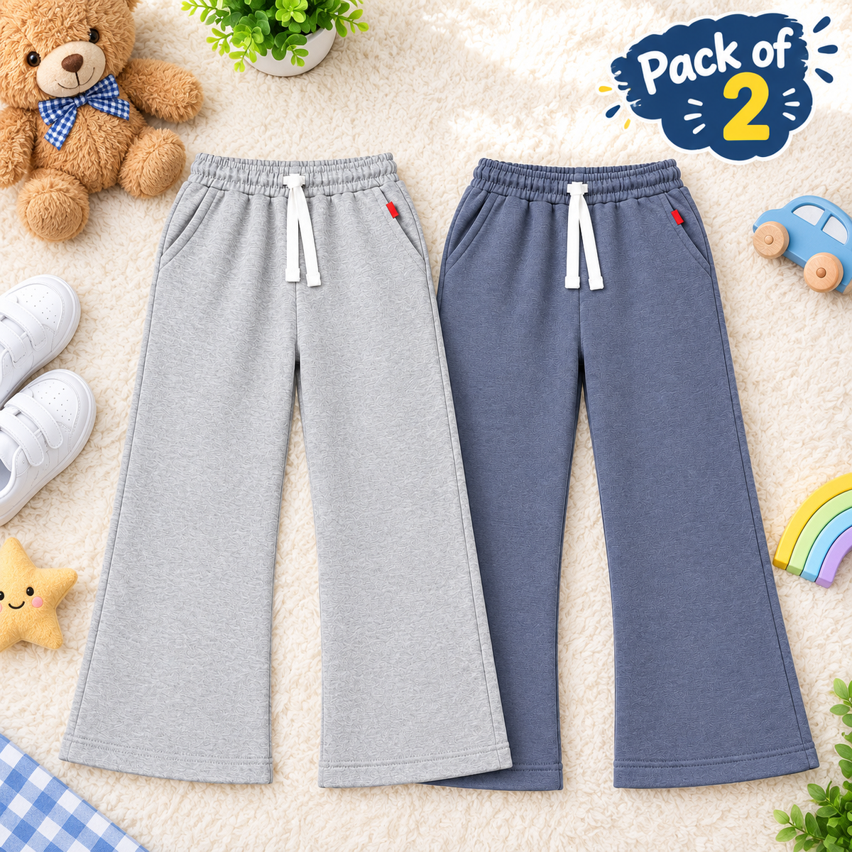 Two pairs of kids' wide-leg sweatpants laid flat on a cream textured surface: one light heather gray and one heather slate blue. Both have white drawstrings and small red side logos.